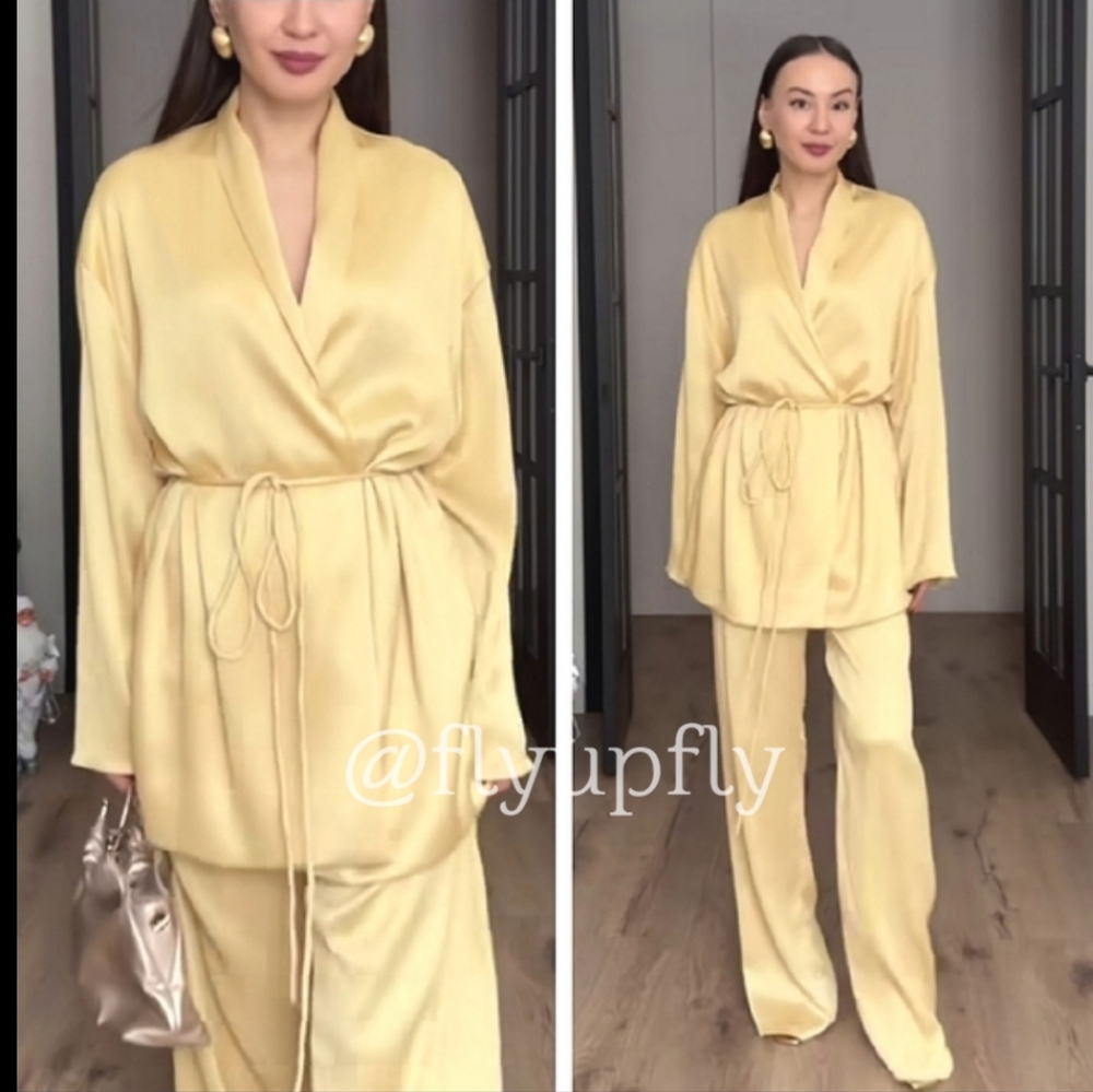 Zara 2 pieces set belted pleated kimono and pleated wide leg pants yellow NWT - Picture 10 of 16